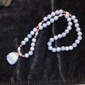 23”BLUE LACE AGATE Hand-knotted Artisan NECKLACE with pink Rhodanite beads; NWOT